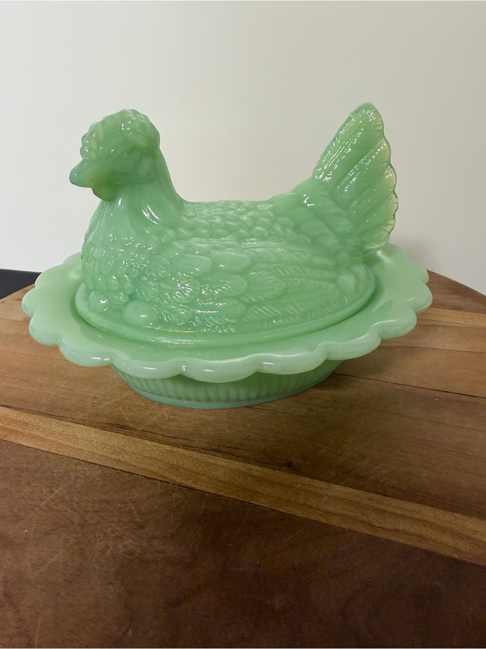 Mosser 6” Jadeite Green Hen on Nest Milk Glass Covered Dish